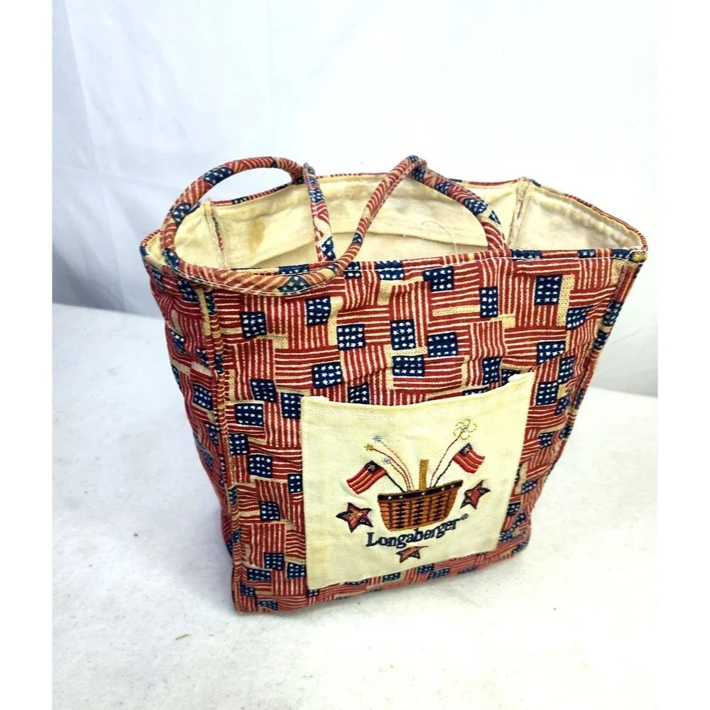 Longaberger Old Glory Small Tote Bag  Double Handle Red White Blue 8